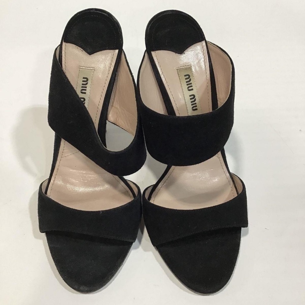 Women’s Miu Miu Black Suede Heeled Slides Sandals Shoes Elegant Design Size 36